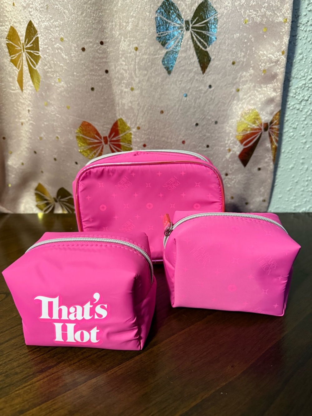 Hot Pink Cosmetic Pouch Trio - 'That's Hot' Graphic Paris hilton